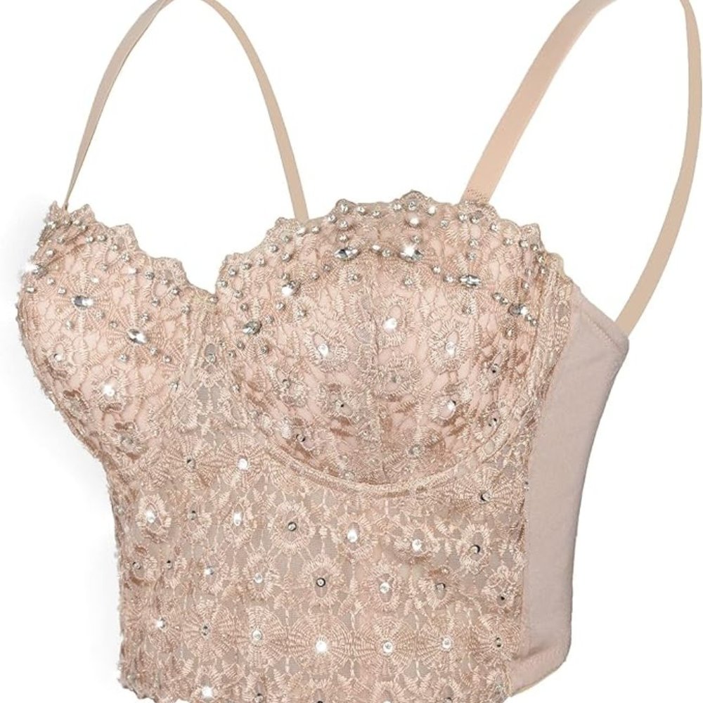 Women's Natural Reigning Lace Rhinestone Bustier Crop Top Sexy Mesh Corset Top